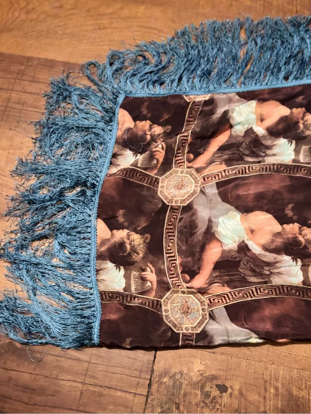 Vintage Liana Ross, Raphael cherub art tapestry fringe featuring classic angelic